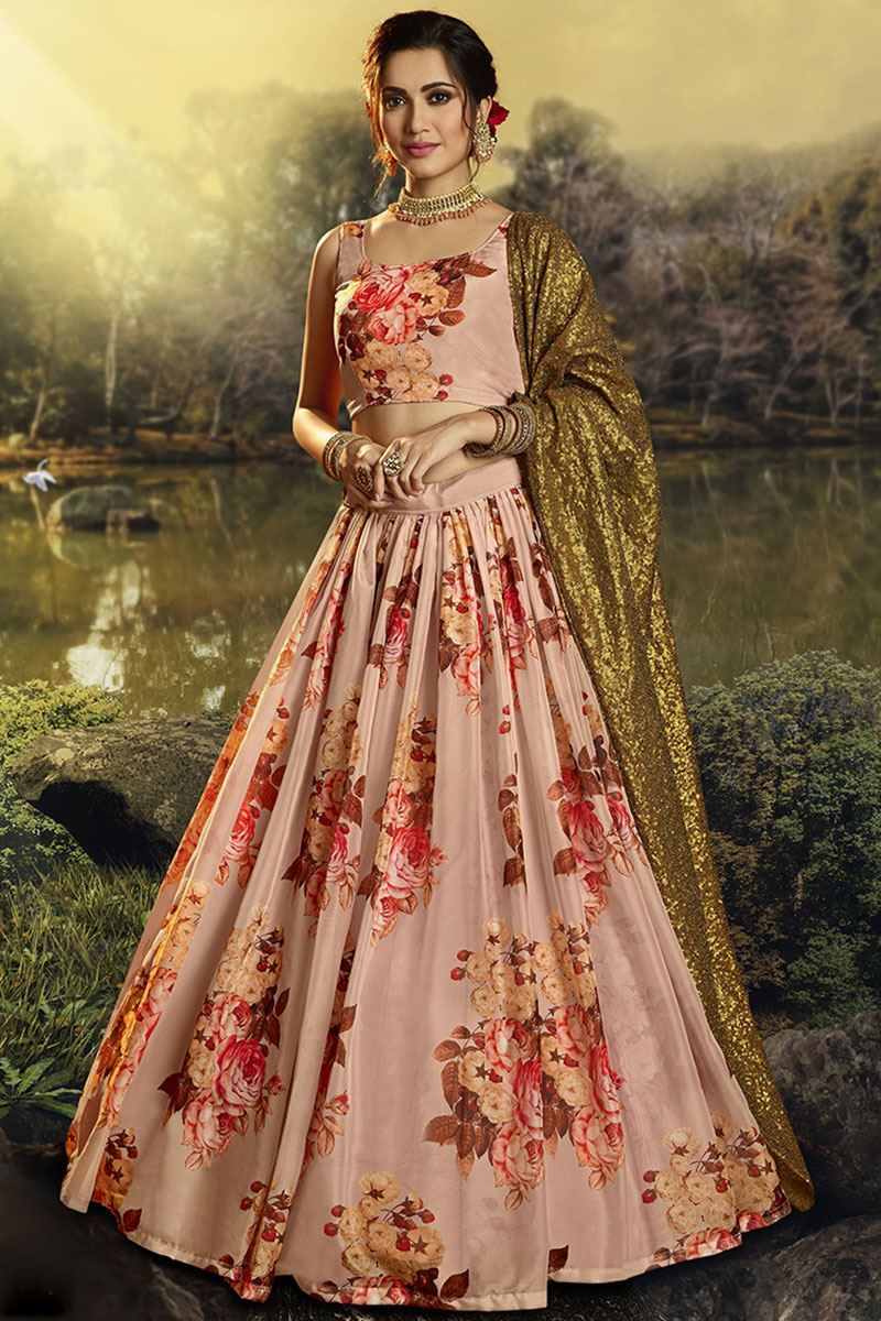 Floral Print Organza Designer Peach Colored Lehenga Choli