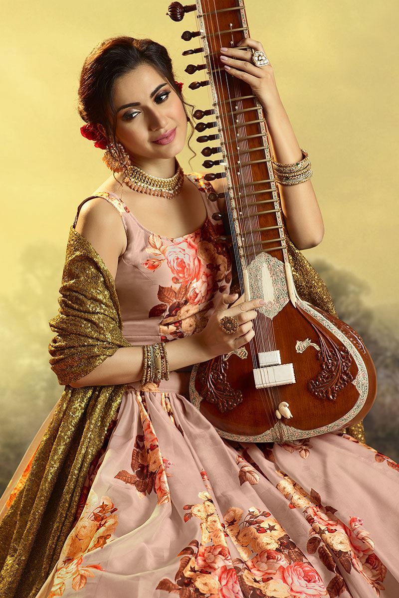 Floral Print Organza Designer Peach Colored Lehenga Choli