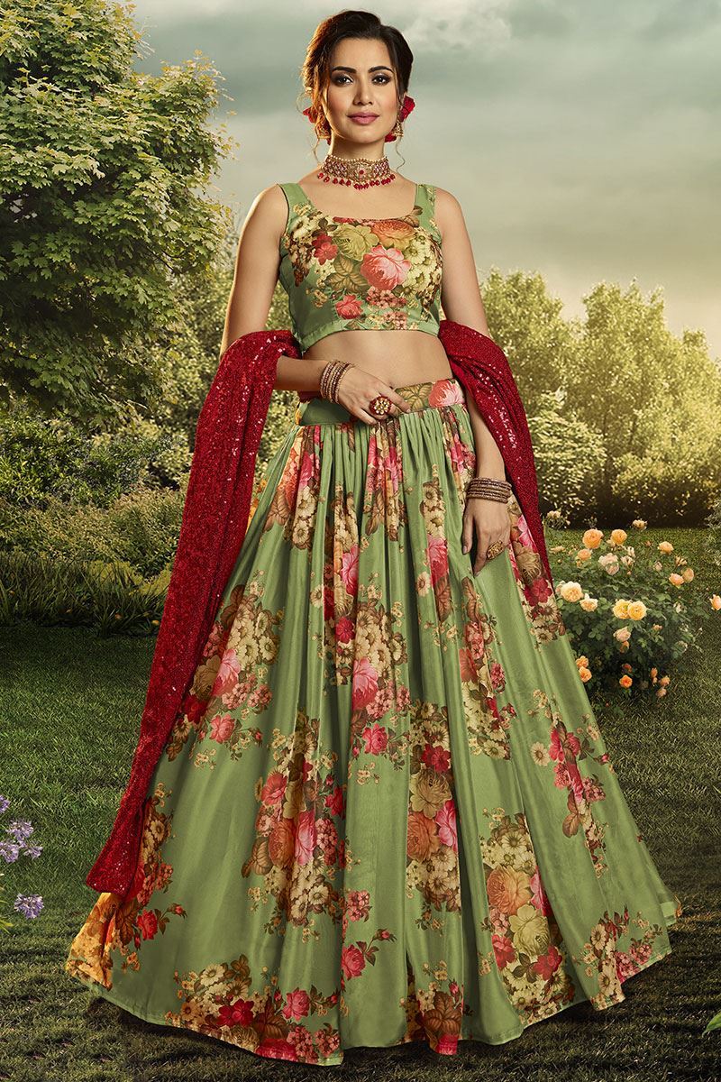 Floral Print Organza Designer Green Colored Lehenga Choli