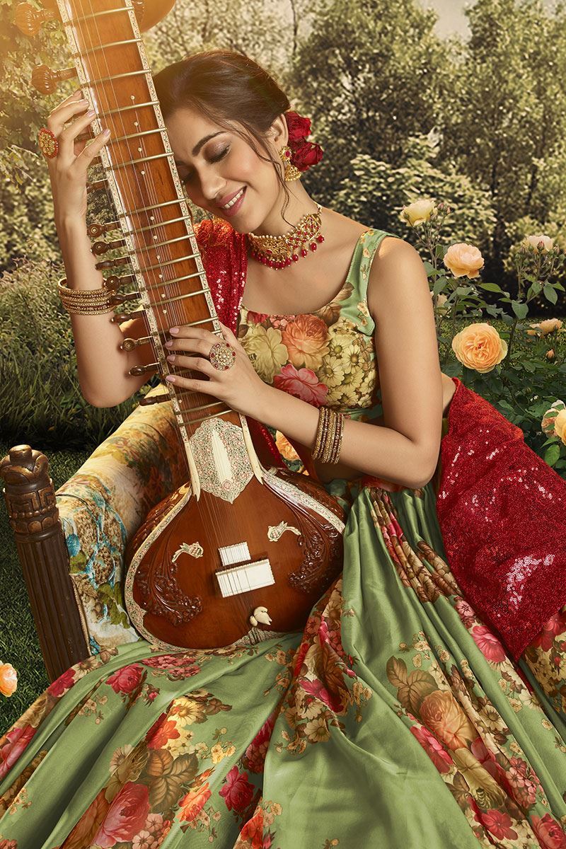 Floral Print Organza Designer Green Colored Lehenga Choli