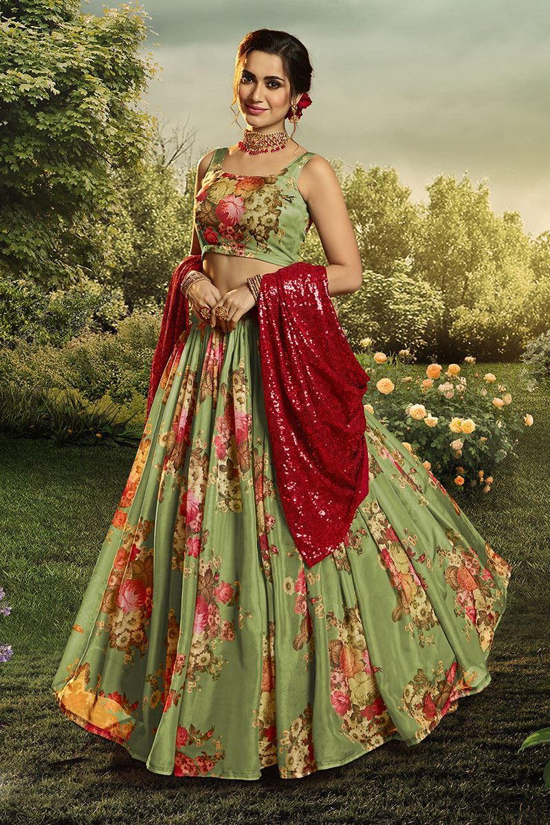 Floral Print Organza Designer Green Colored Lehenga Choli