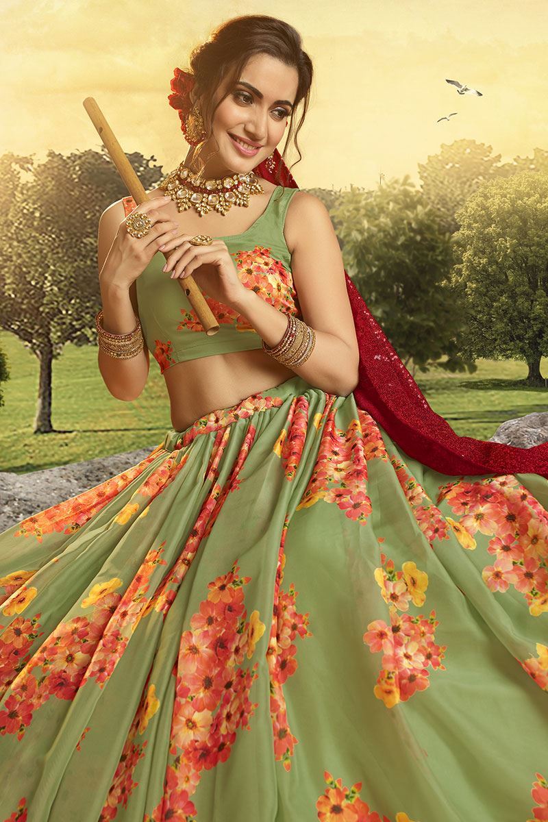 Green Colored Floral Print Organza Designer Lehenga Choli