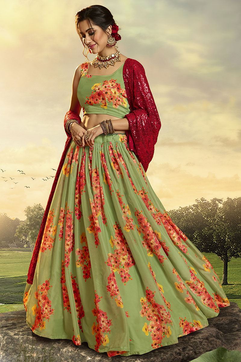 Green Colored Floral Print Organza Designer Lehenga Choli