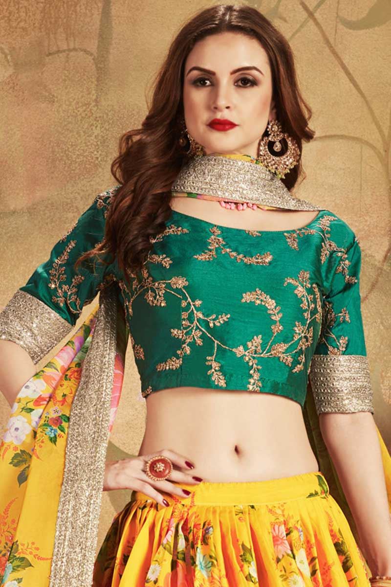 Designer Wear Yellow and Green Lehenga Choli