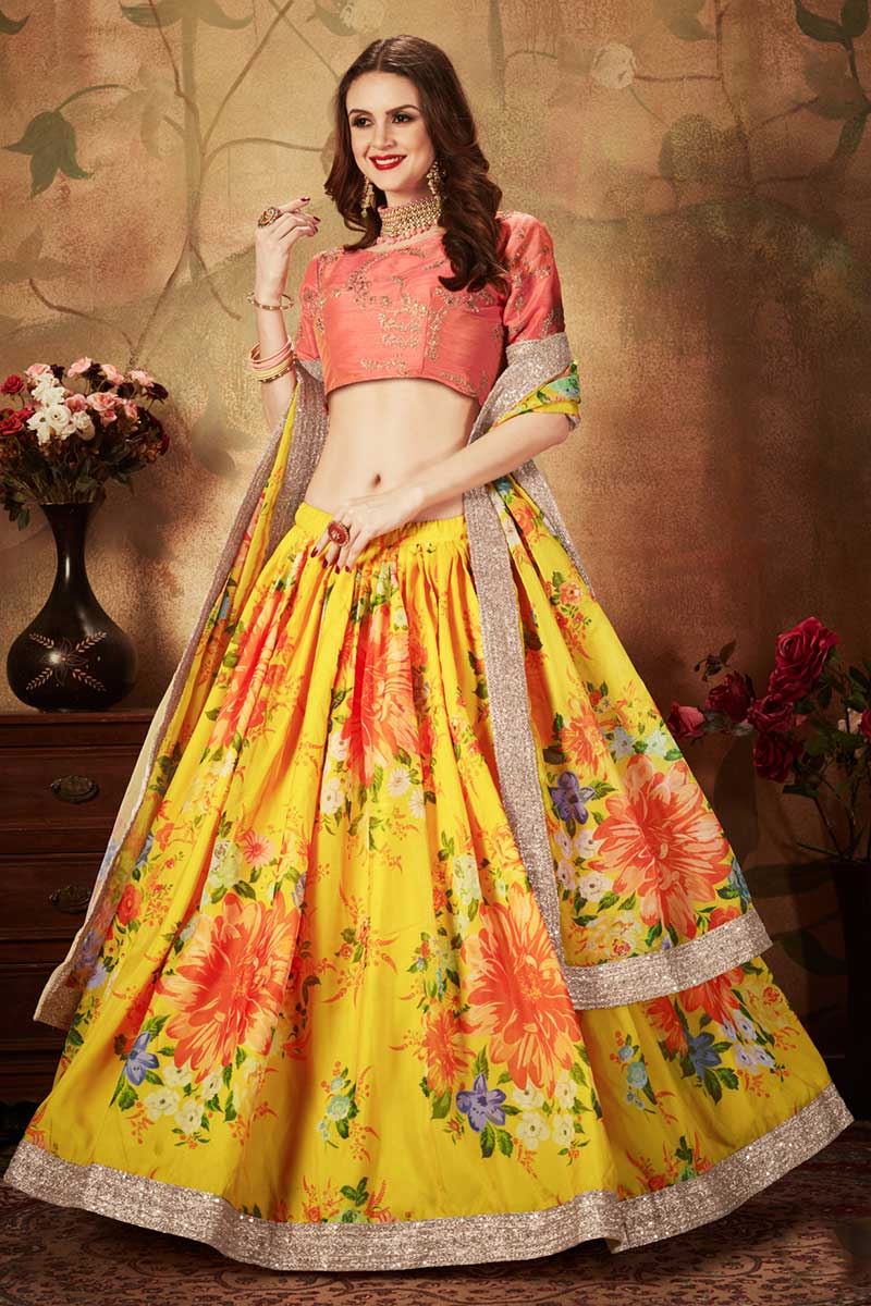 Classy Peach And Yellow Color Lehenga Choli