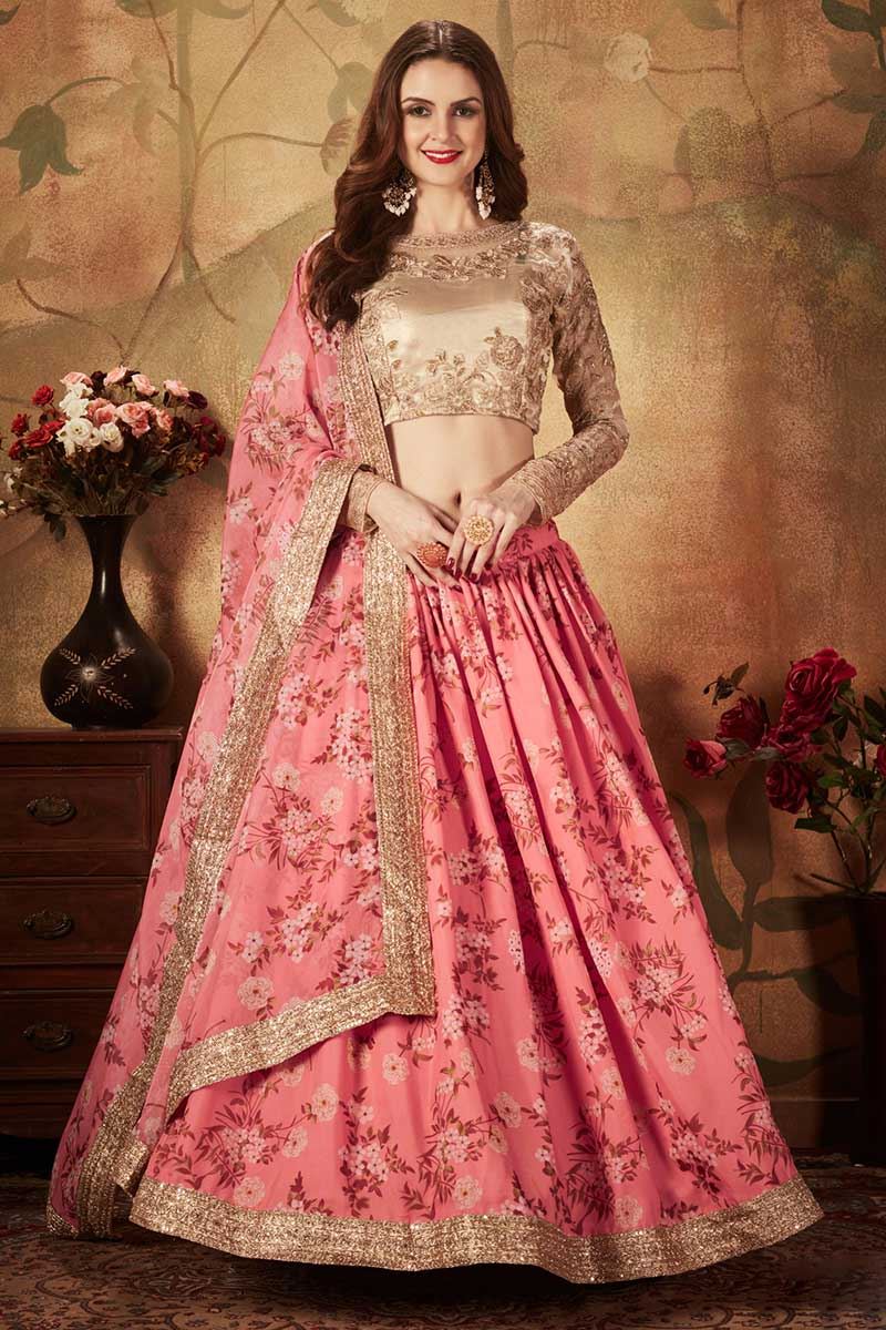 Organza Beige and Pink Color Lehenga Choli