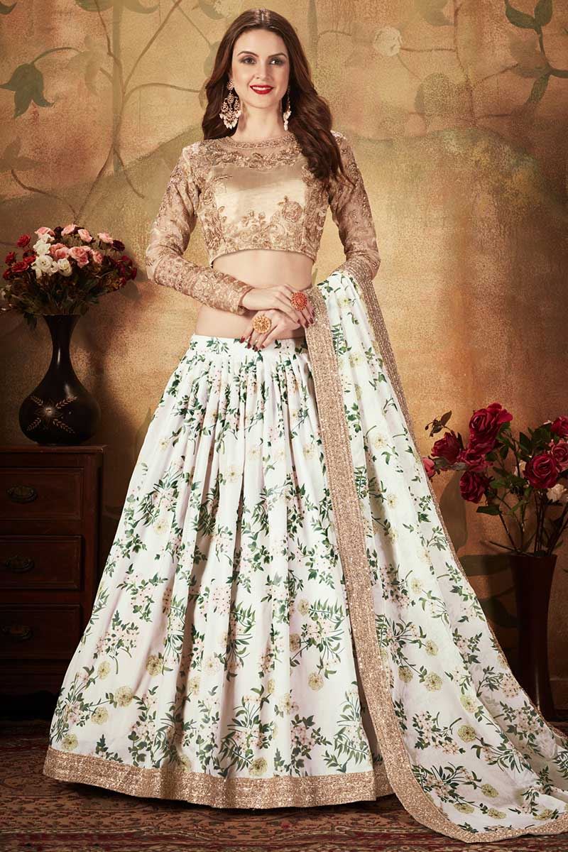 Beige and White Color Organza Lehenga Choli