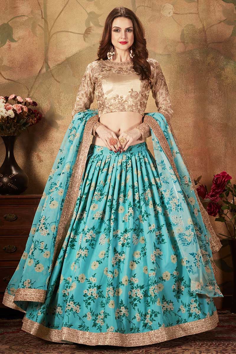 Blue and Beige Color Organza Lehenga Choli