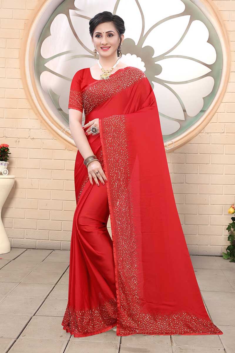 Red Colored Satin Designer Saree