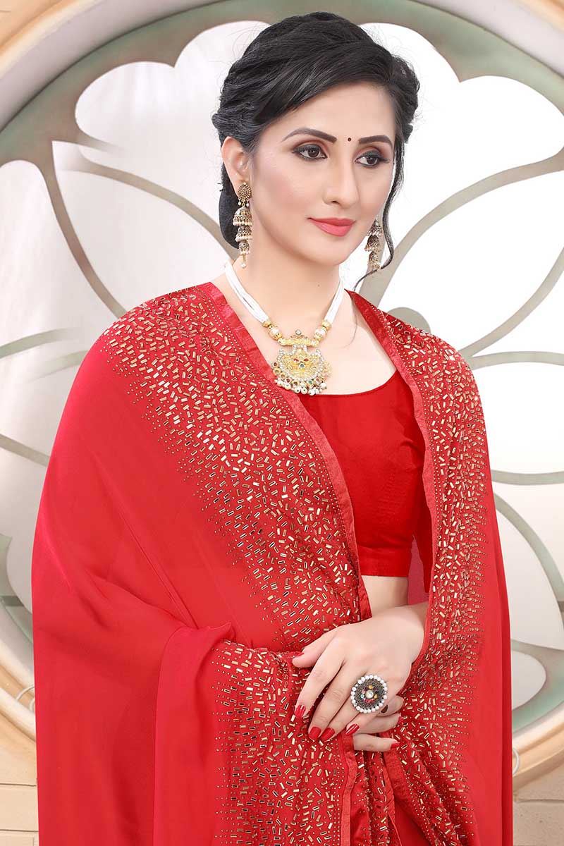 Red Colored Satin Designer Saree