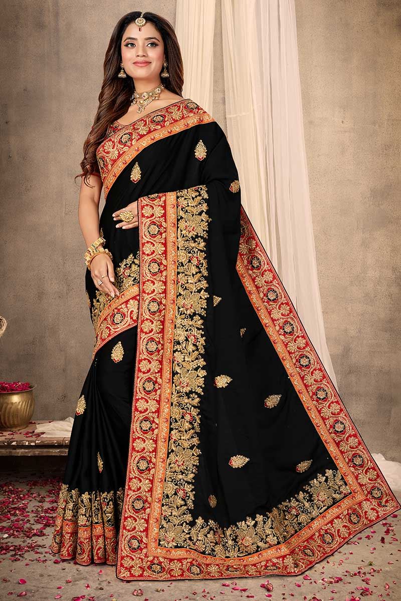 Gorgeous Black Colored Partywear Satin Saree