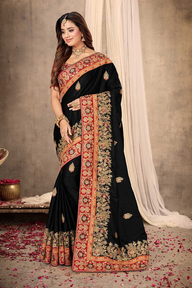Gorgeous Black Colored Partywear Satin Saree