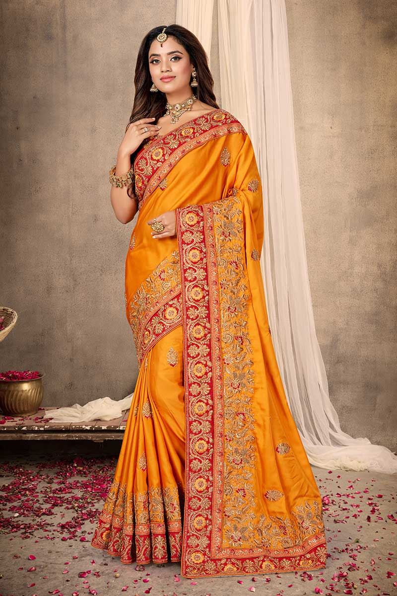 Excellent Mustard Colored Festive Wear Satin Saree