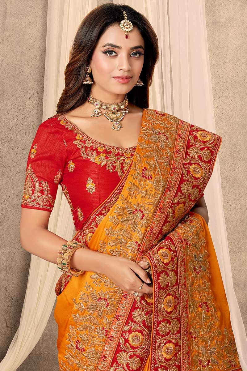 Excellent Mustard Colored Festive Wear Satin Saree