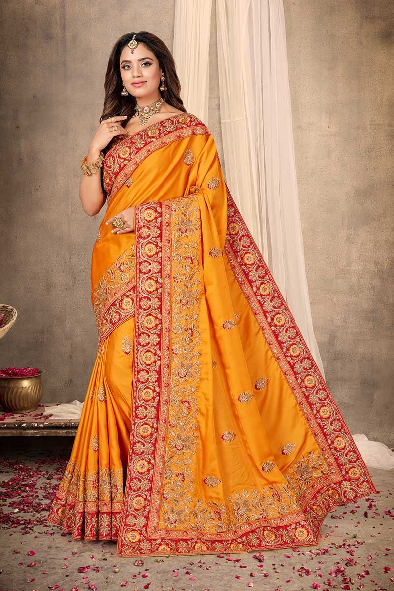 Excellent Mustard Colored Festive Wear Satin Saree