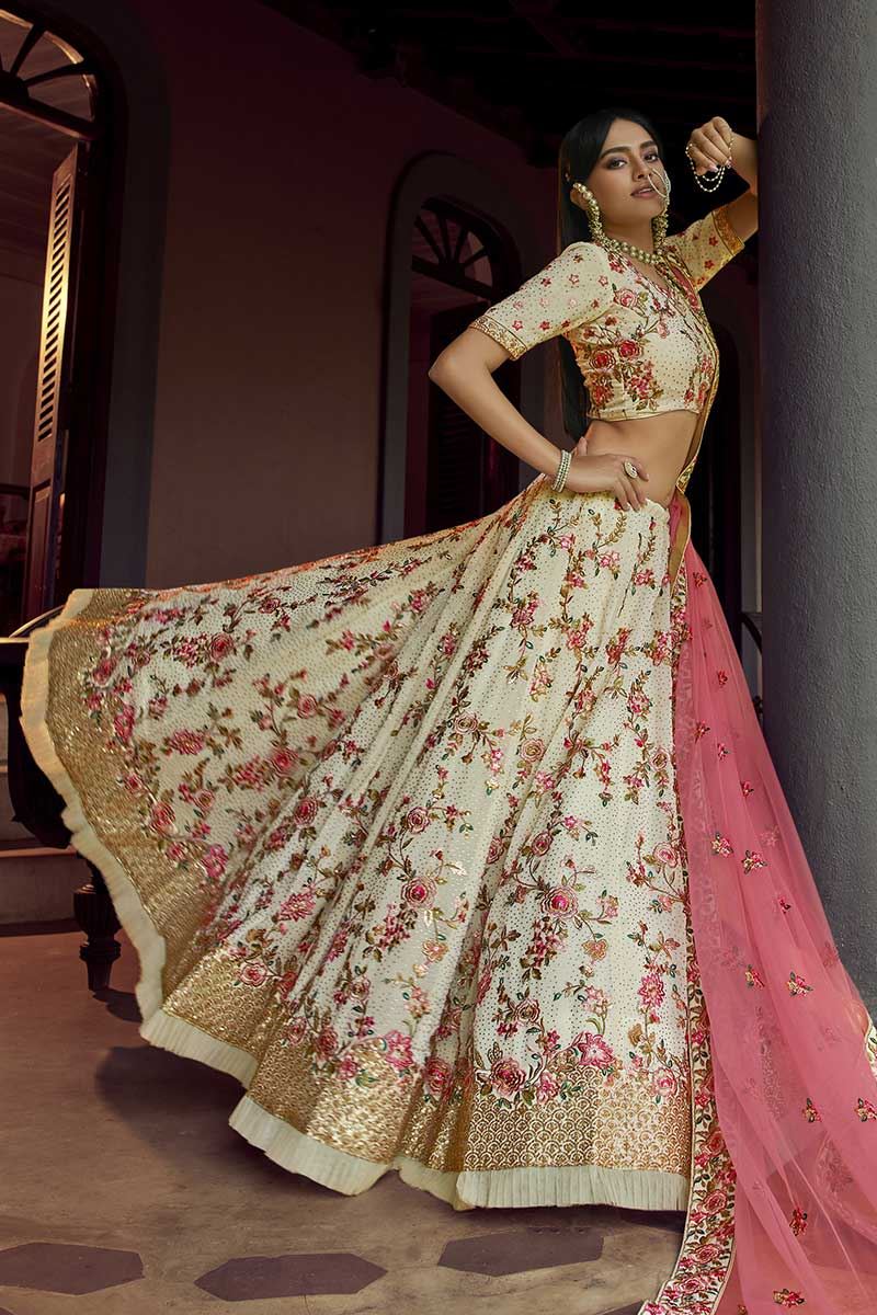 Adoring Off-White Colored Georgette Lehenga Choli