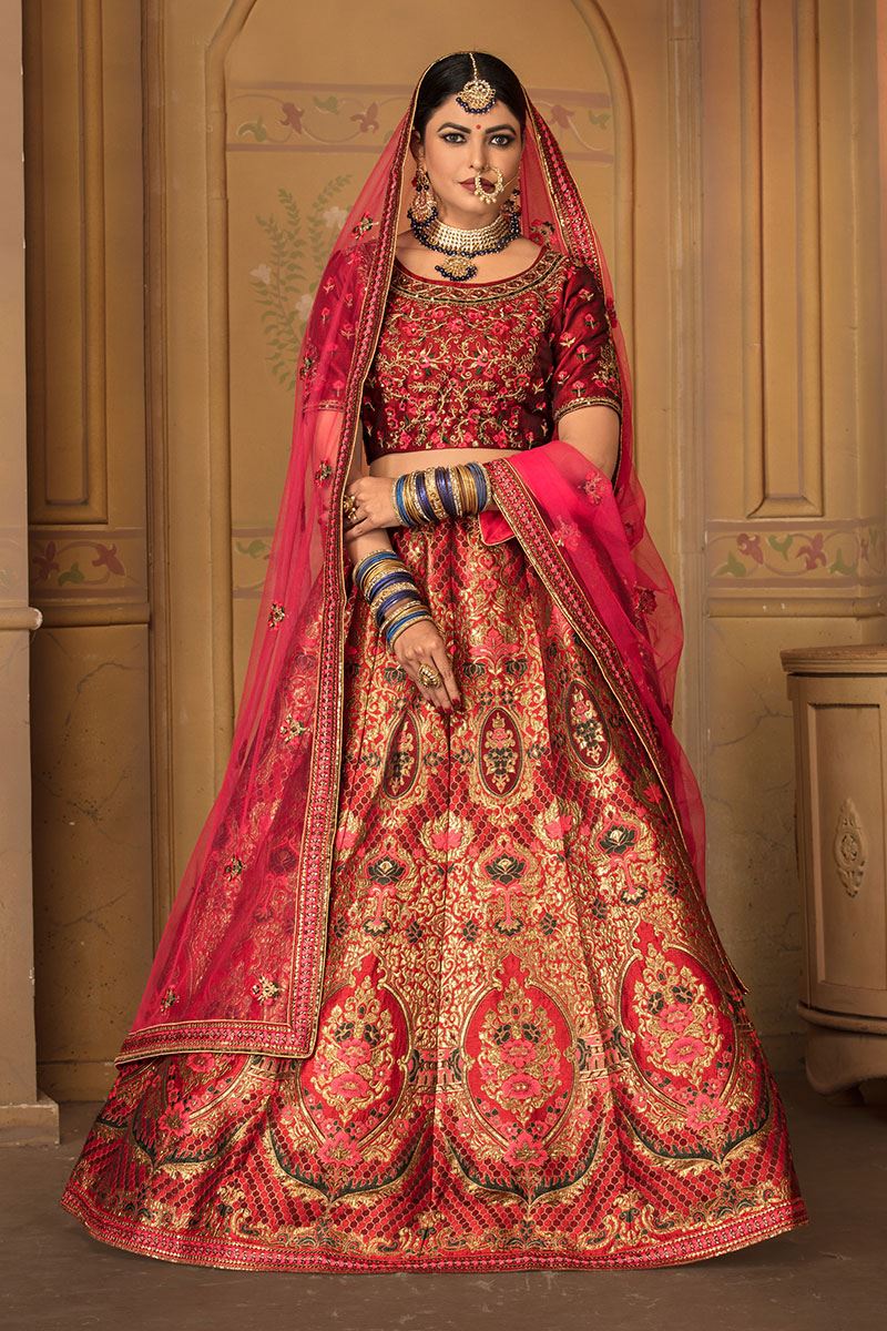 Marron Colored Embroidered Silk Lehenga Choli With Net Dupatta