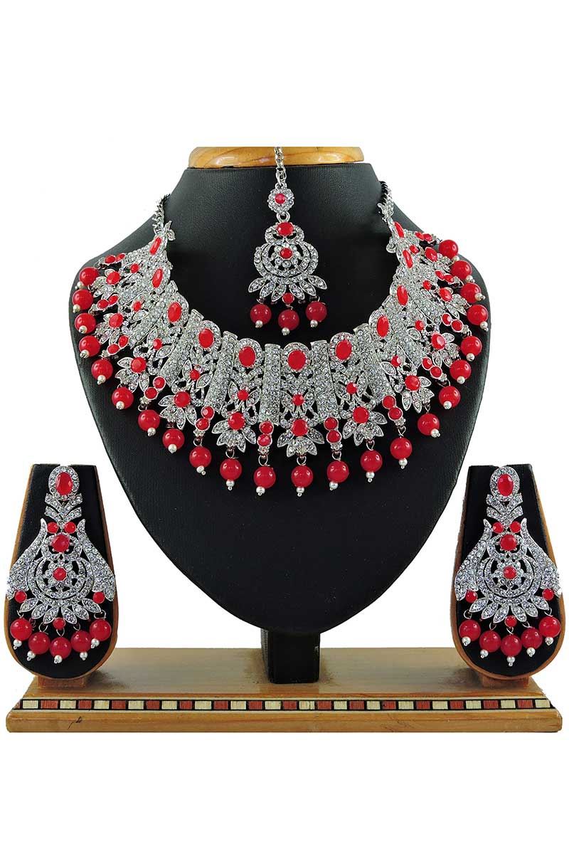 Stunning Red Colored Stone Imitation Necklace Set