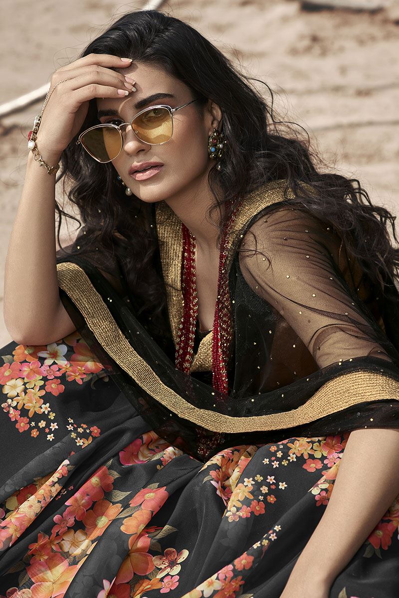 Satiny Black Colored  Designer Lehenga Choli Set