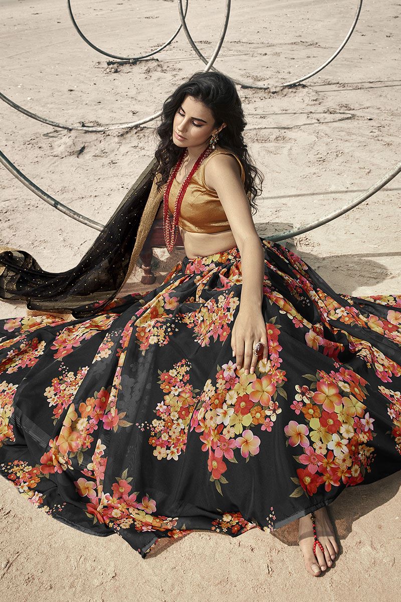 Satiny Black Colored  Designer Lehenga Choli Set
