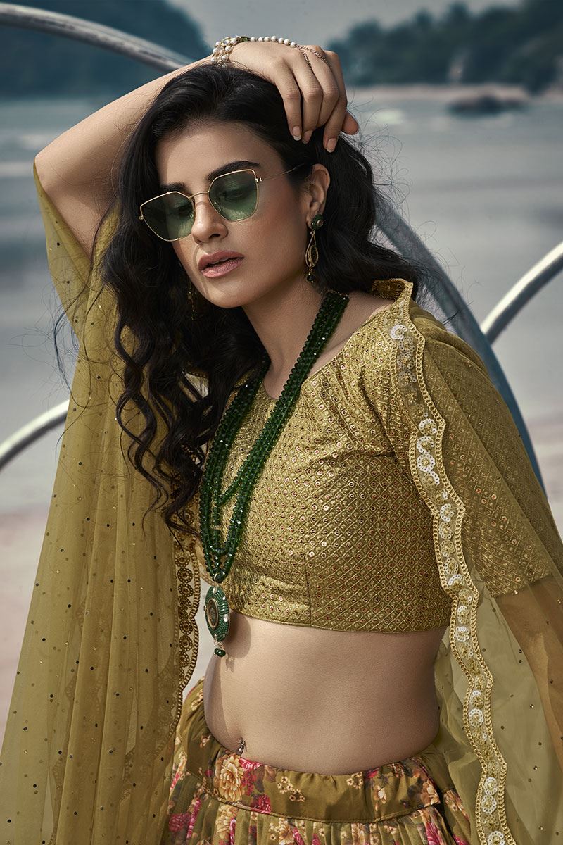 Elegant Olive Green Colored Lehenga Choli Set