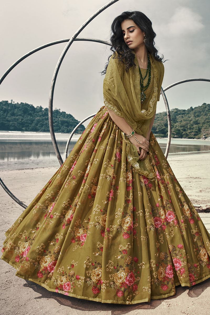 Elegant Olive Green Colored Lehenga Choli Set