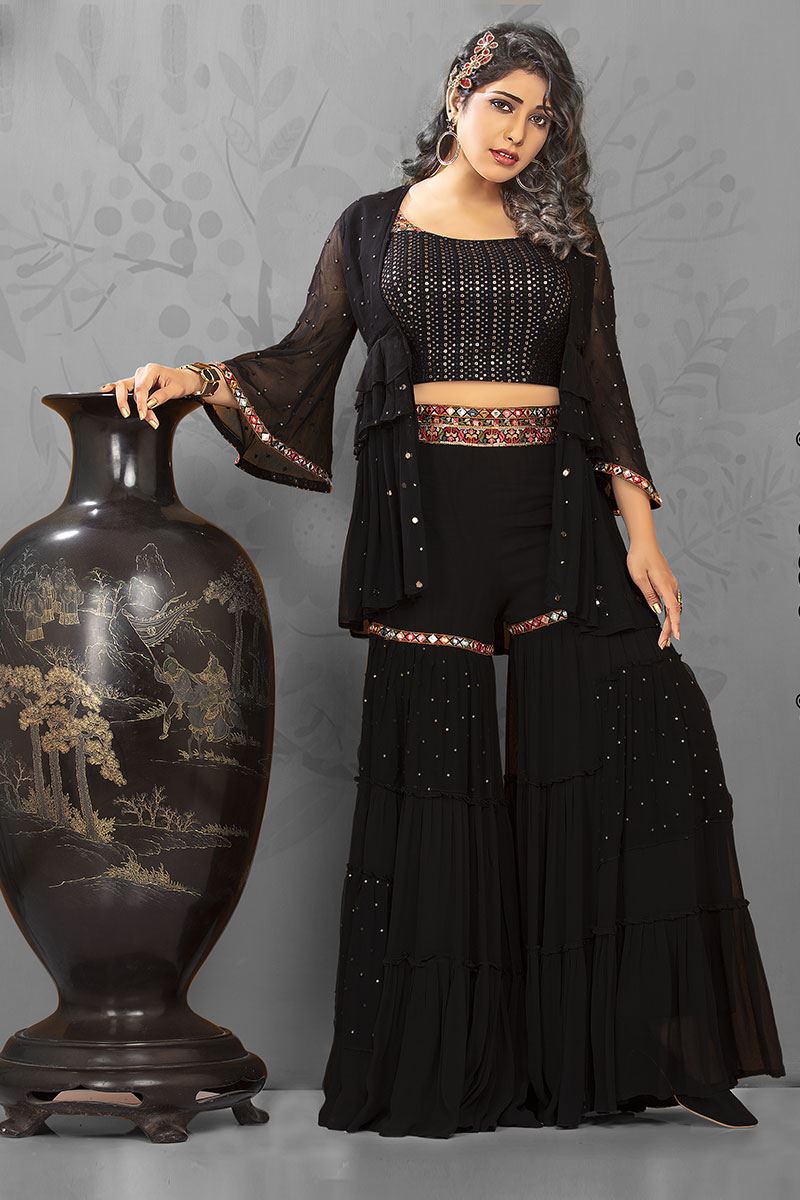 Black Colored Crop Top Style Palazzo Suit