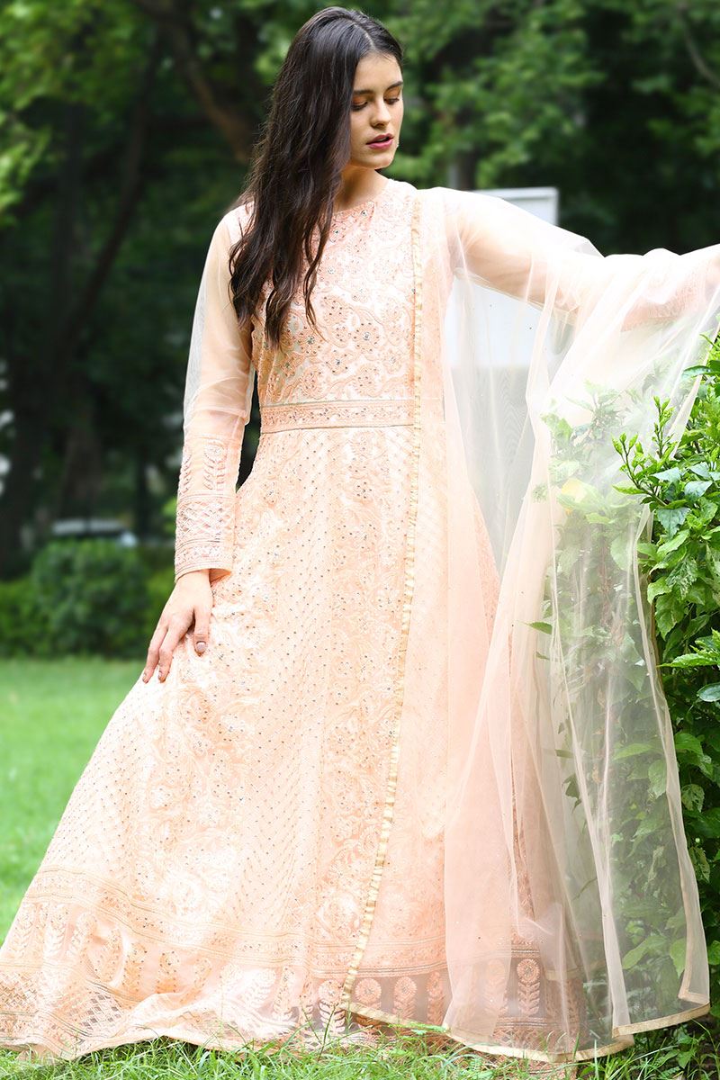 Beautiful Peach Colored Net Anarkali Suit (Unstitched suit)