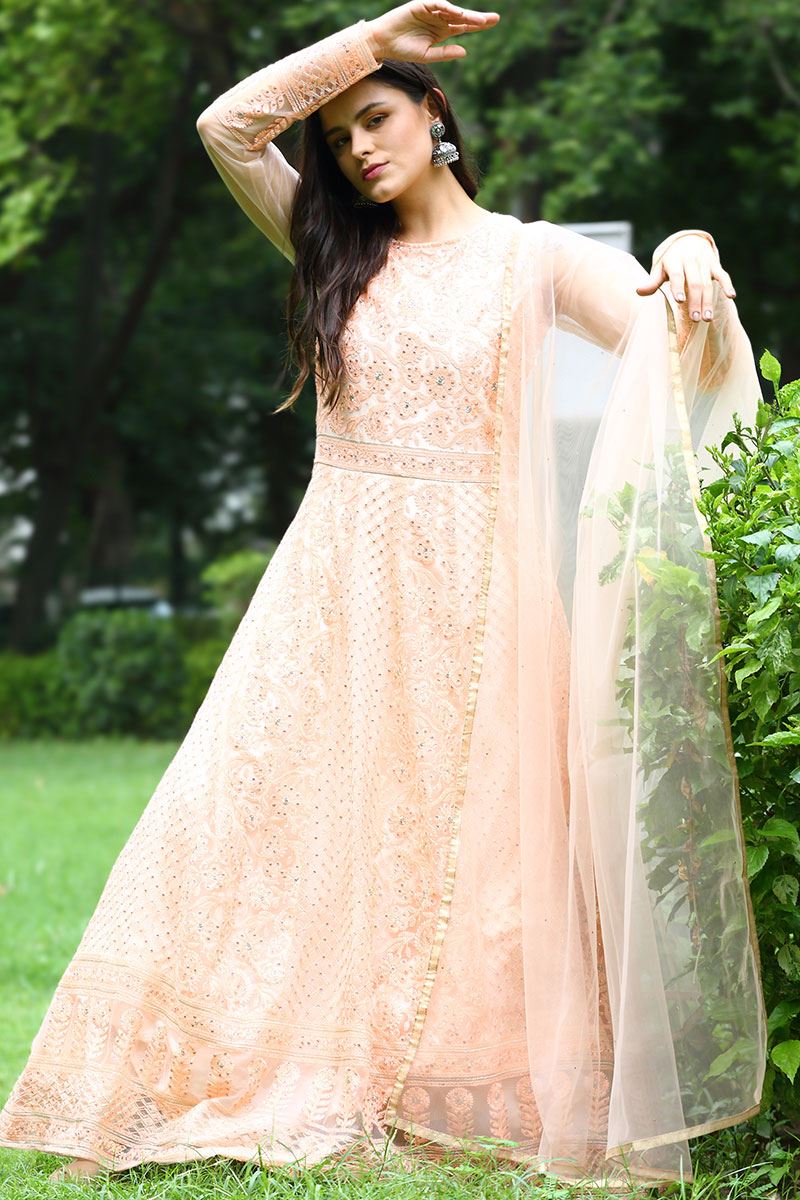 Beautiful Peach Colored Net Anarkali Suit (Unstitched suit)