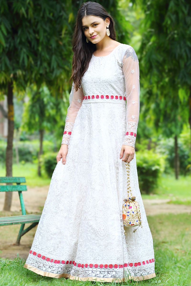 Elegant Cream Colored Net Anarkali Suit (Unstitched suit)