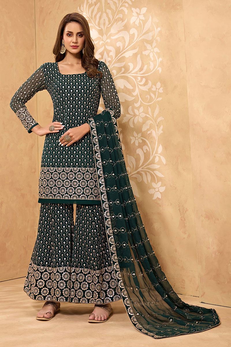 Classy Bottle Green Colored Designer Palazzo Suit (Unstitched suit)