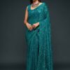 Sequins Work Peacock Blue Colored Partywear Designer Saree