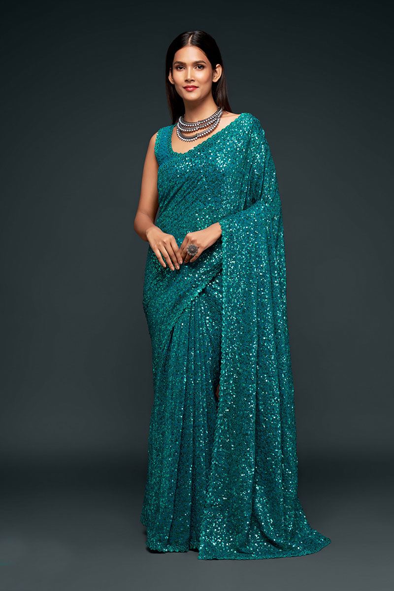 Sequins Work Peacock Blue Colored Partywear Designer Saree