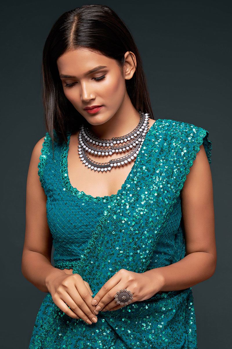 Sequins Work Peacock Blue Colored Partywear Designer Saree