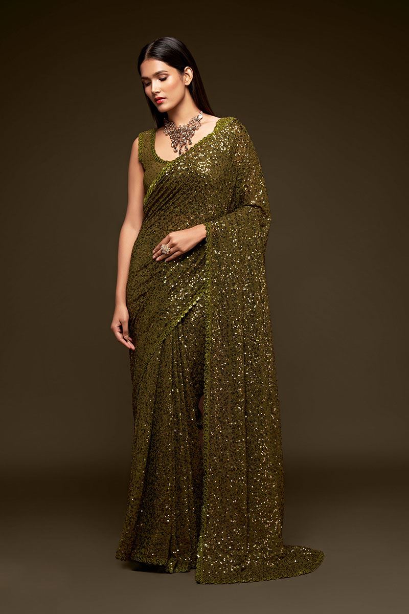 Sequins Work Olive Green Colored Partywear Designer Saree