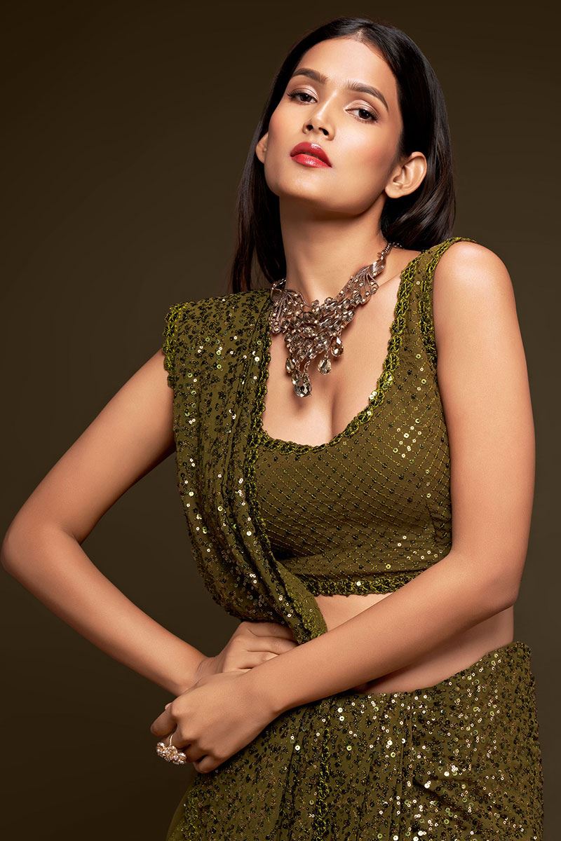 Sequins Work Olive Green Colored Partywear Designer Saree