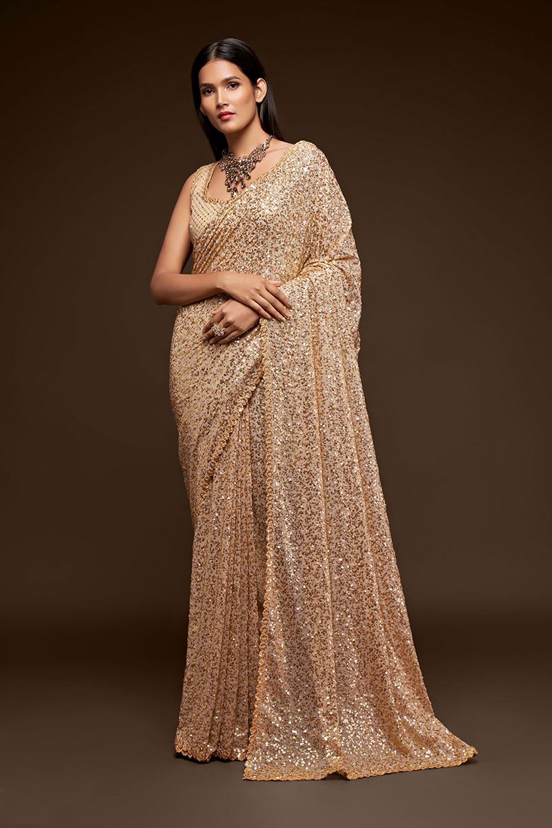 Sequins Work Beige Colored Partywear Designer Saree