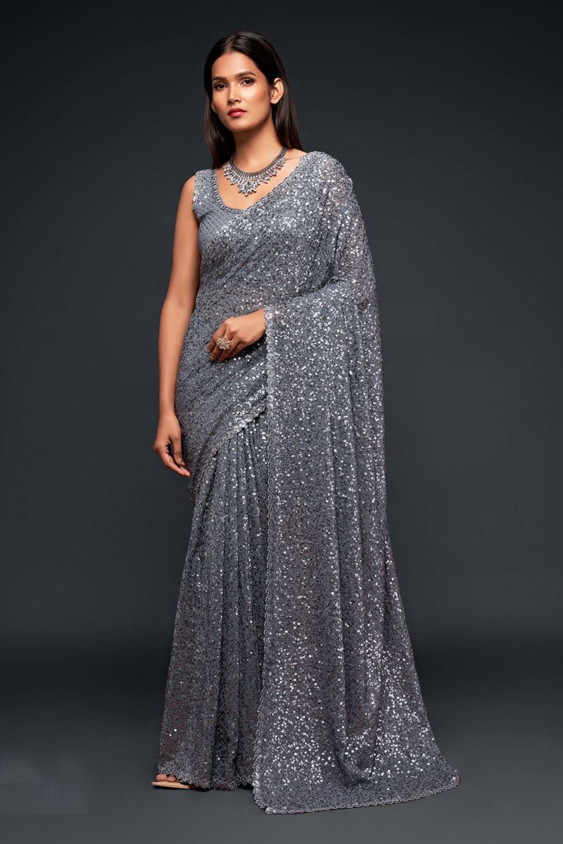 Sequins Work Grey Colored Partywear Designer Saree