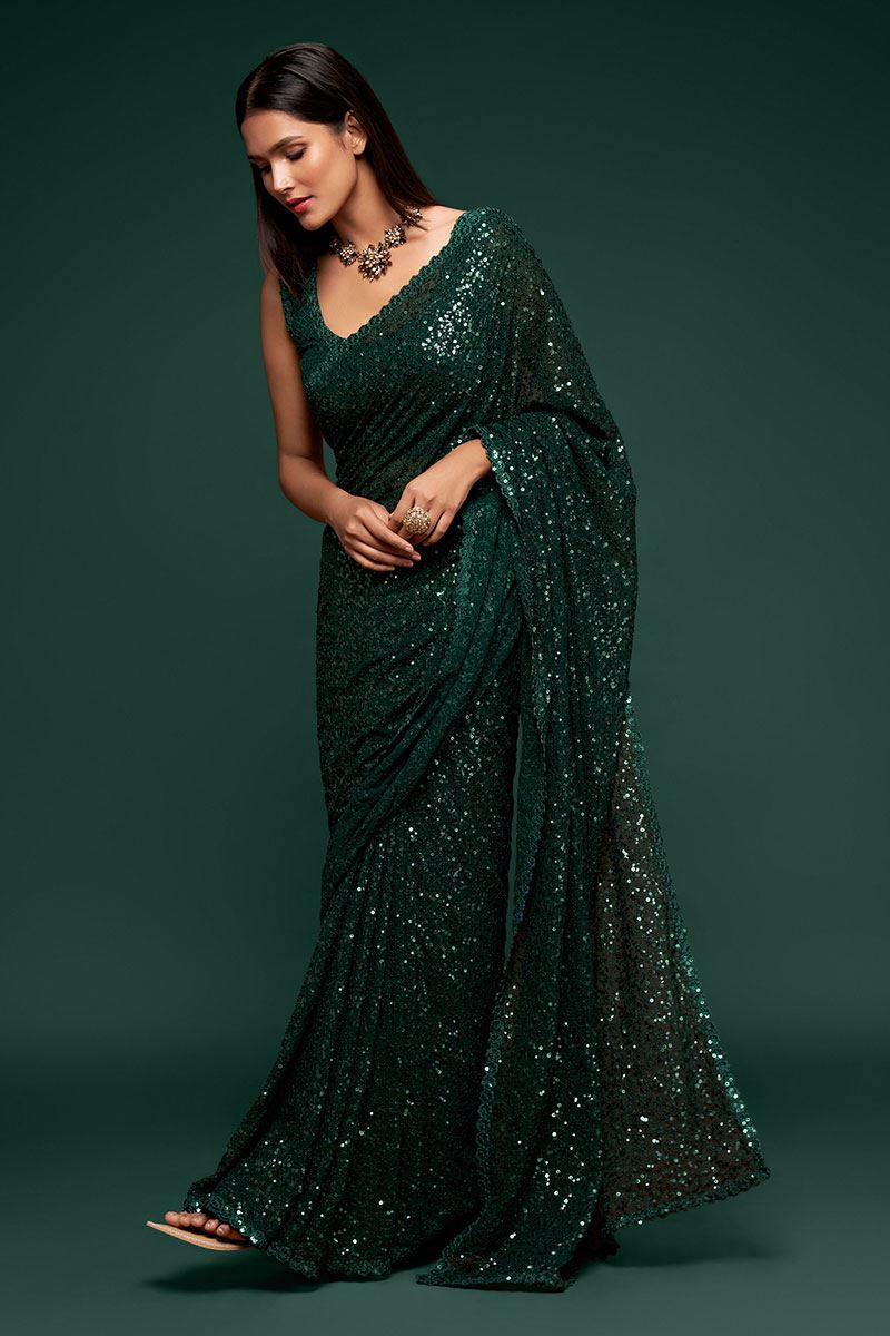 Sequins Work Bottle Green Colored Partywear Designer Saree