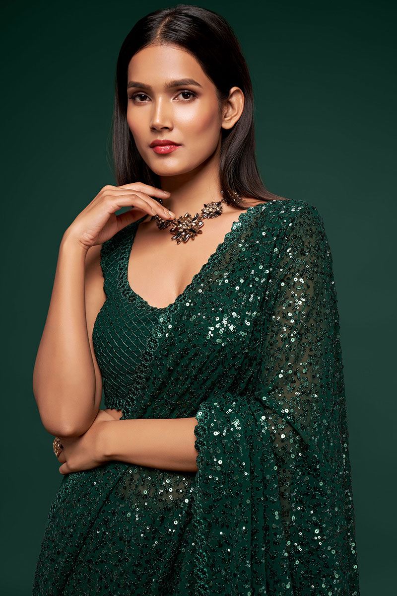 Sequins Work Bottle Green Colored Partywear Designer Saree