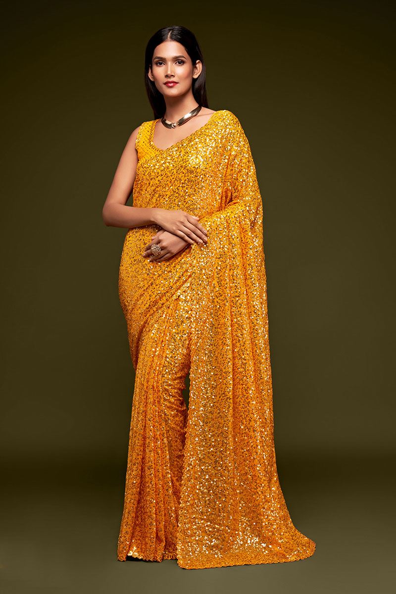 Sequins Work Mustard Yellow Colored Partywear Designer Saree