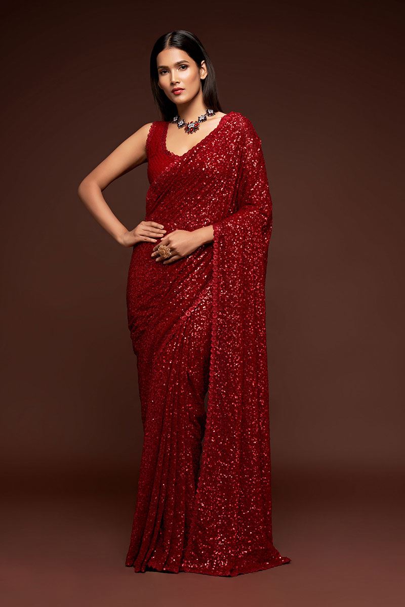 Sequins Work Red Colored Partywear Designer Saree