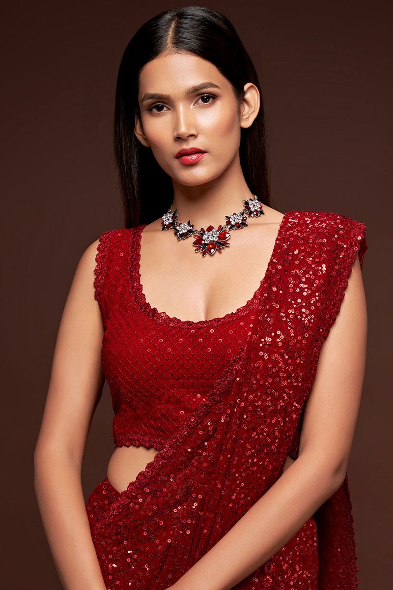 Sequins Work Red Colored Partywear Designer Saree