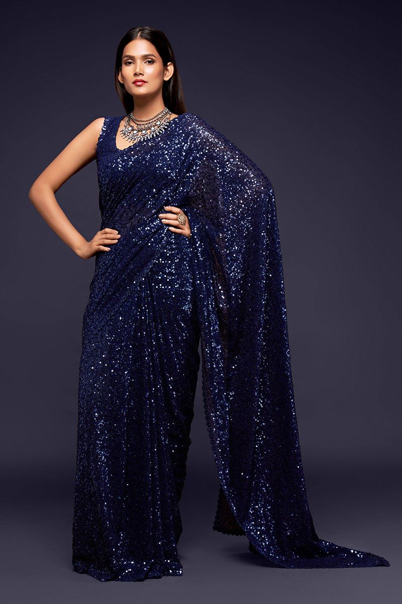 Sequins Work Navy Blue Colored Partywear Designer Saree