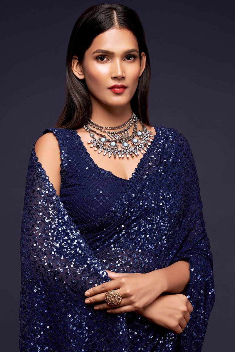 Sequins Work Navy Blue Colored Partywear Designer Saree