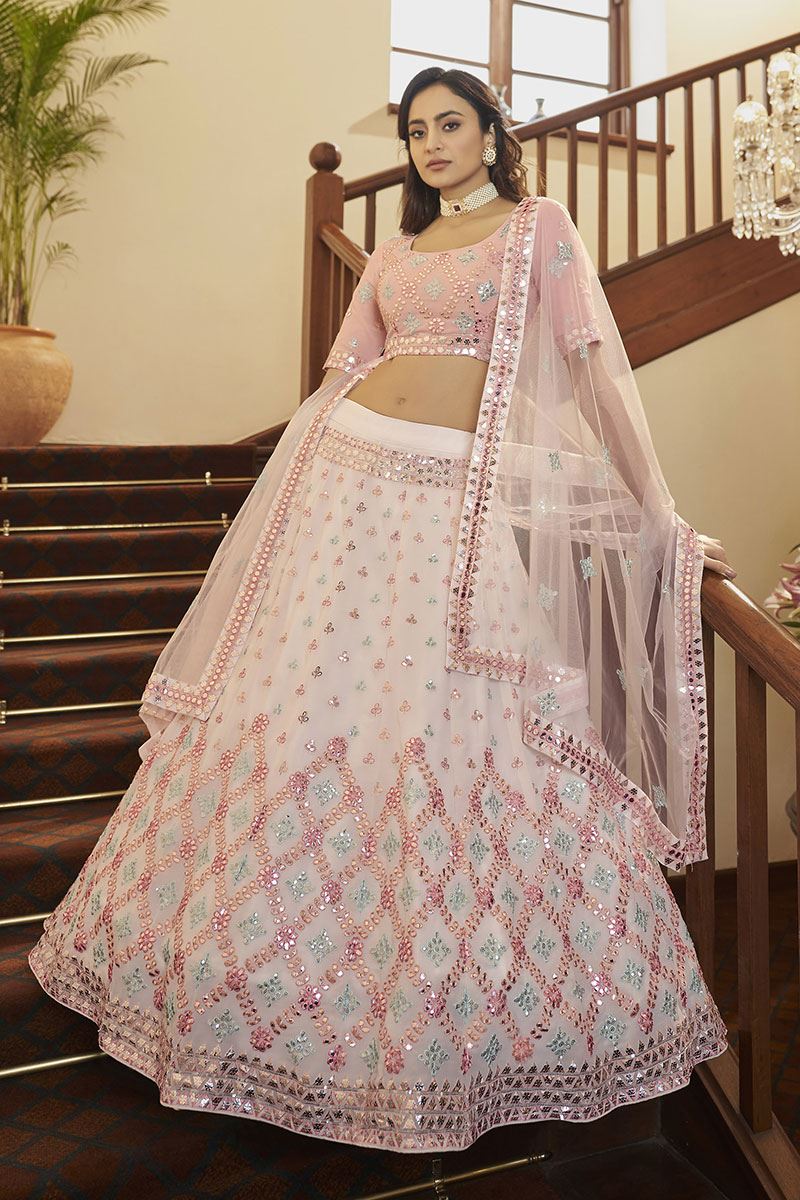 Artistic Pearl White and Pink Colored Designer Lehenga Choli