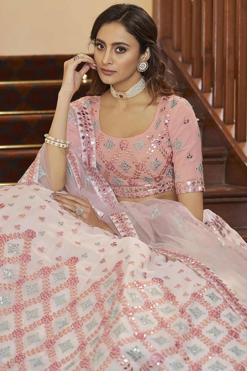 Artistic Pearl White and Pink Colored Designer Lehenga Choli
