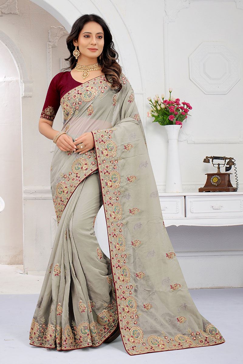 Stunning Grey Colored Designer Saree