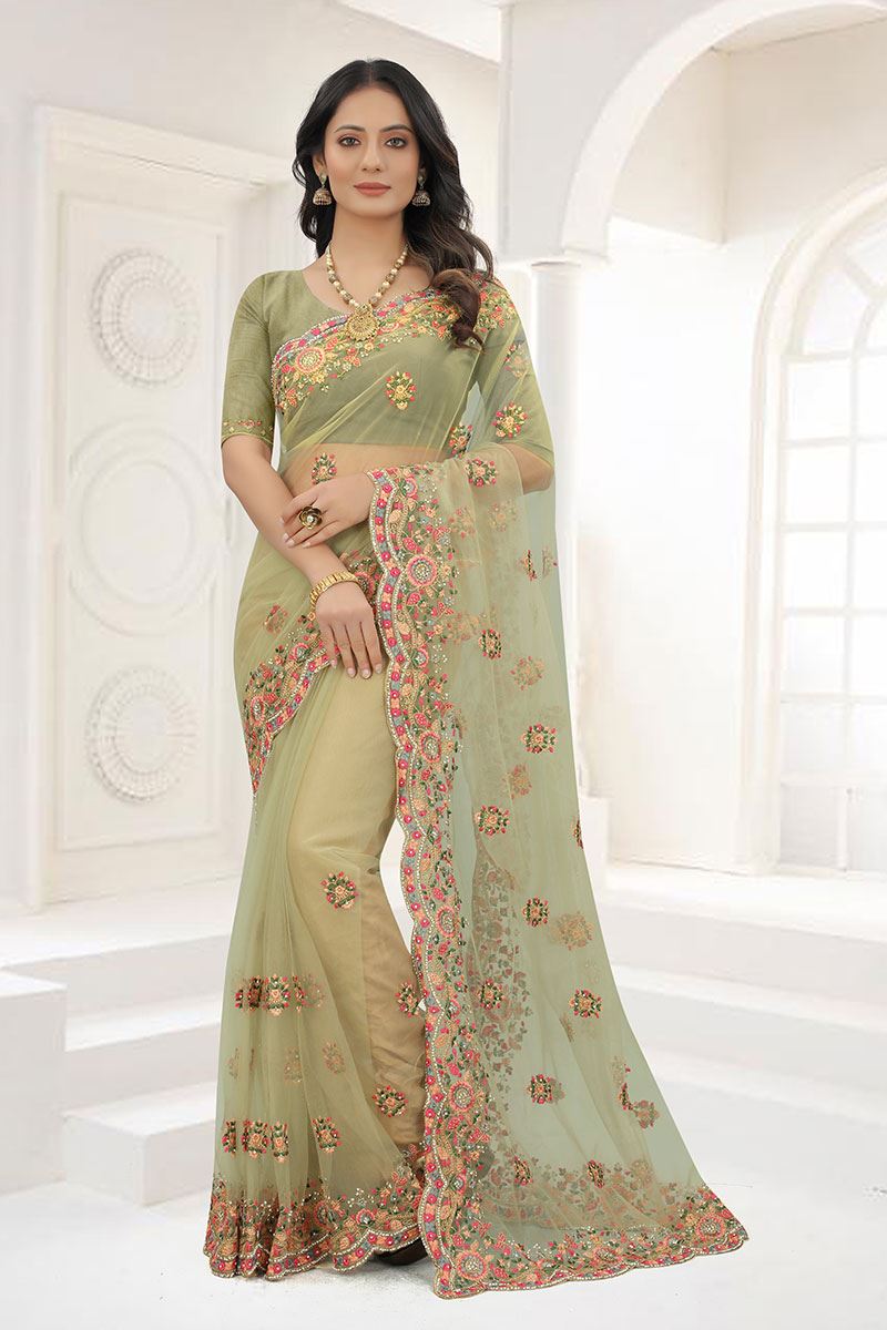 Magnificent Olive Green Colored Designer Saree