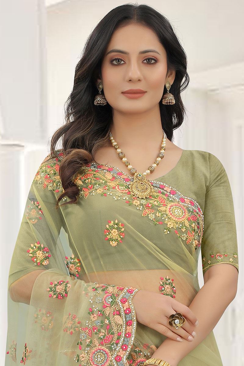 Magnificent Olive Green Colored Designer Saree